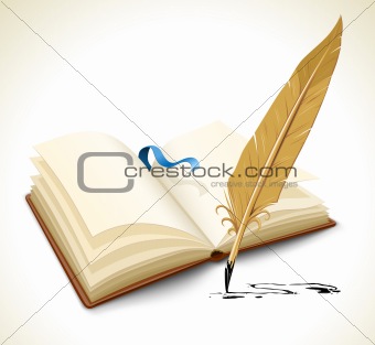 opened book with ink feather tool