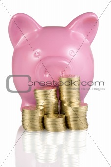 piggy bank and piles of coins isolated on white background