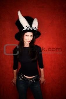 Woman in big hat with rabbit ears