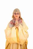 Crazy new age woman in a yellow robe