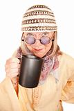 Crazy new age woman in a yellow robe with coffee