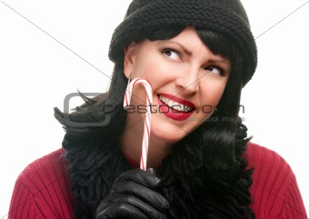 Pretty Woman Holding Candy Cane Isolated on a White Background.