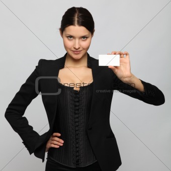 girl holding a business card