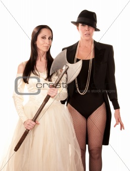 Two women as bride and groom with axe