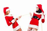 Two sexual girls in Christmas clothes . 