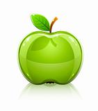 glossy glass green apple with leaf