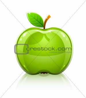 glossy glass green apple with leaf