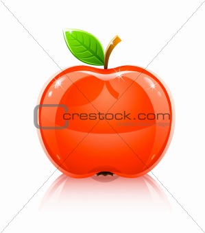 glossy glass red apple fruit with leaf