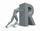 man pushes the letter R