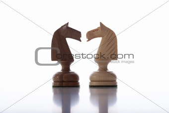 chess - black and white knight pieces isolated on white background