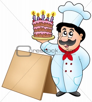 Chef holding cake with wooden table