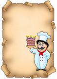 Parchment with chef holding cake