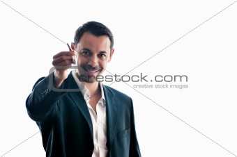 isolated business man hold keys