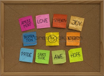 smiley and ten positive emotions on bulletin board