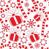 Seamless pattern with gifts, candy canes, snowflakes and stars