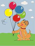 Cute dog holding balloons and bee.
