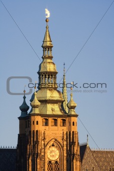 tower with clock of st. vitus cathedral at hradcany castle