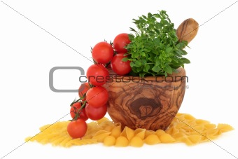Pasta, Tomatoes and Basil Herb