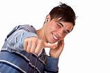 lovely young male listening mp3 music and show thumb up