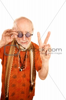 Senior man making peace sign