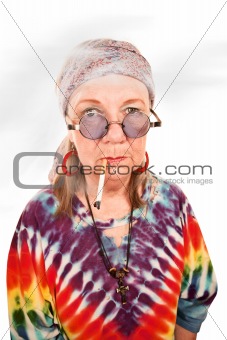 Senior hippie lady smoking