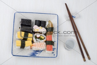 Varieties of sushi set on a plate