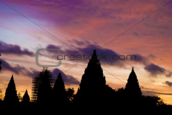  Hindu temple Prambanan. Indonesia, Java, Yogyakarta with dramat