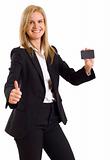  businesswoman holding a blank card ok sign