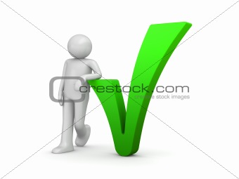 Check mark series (3d character standing near green check sign)