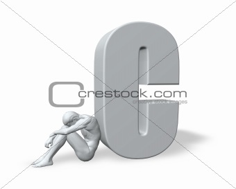 sitting man leans on uppercase letter C
