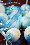 Blue Easter eggs and ribbon