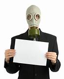 business man in a gas mask with white card