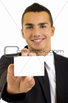 Business man handing a blank business card 