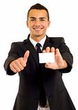 Business man showing a blank business card
