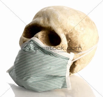 human skull wearing hospital mask - contagious disease concept