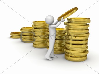 Man collecting money (finance series isolated character and coins on white background)