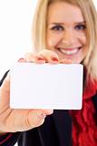 attractive businesswoman holding a blank card