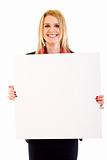 businesswoman holding empty white board