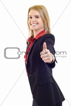  blond business woman showing thumbs up
