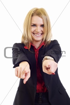 Portrait of a happy business woman pointing