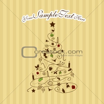 Christmas tree on striped background. Vector