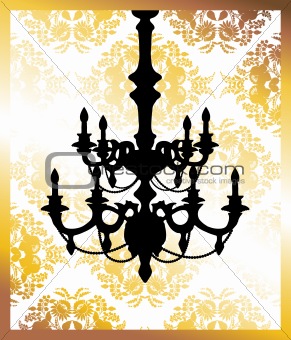 Chandelier on golden flower pattern background with place for your text.