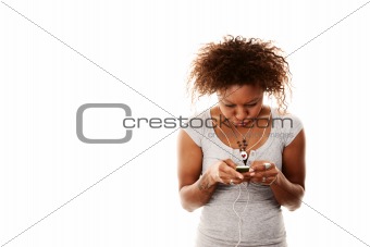 Woman adjusting handheld audio device