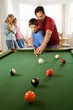 Family Playing Pool in Rec Room