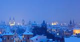 prague - panorama of spires of the old town in winter
