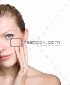 woman touching with her hand the healthy skin