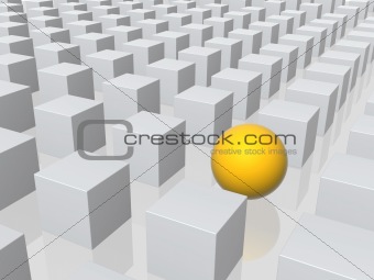 Bright sphere in row of grey boxes