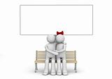Embracing man and woman on a bench with copyspace (love, valentine day series; 3d isolated characters)