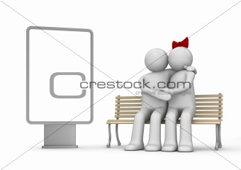 Embracing man and woman on a bench with copyspace (love, valentine day series; 3d isolated characters)