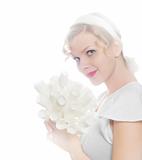 brightly lit beautiful blonde girl with a bouquet of white paper